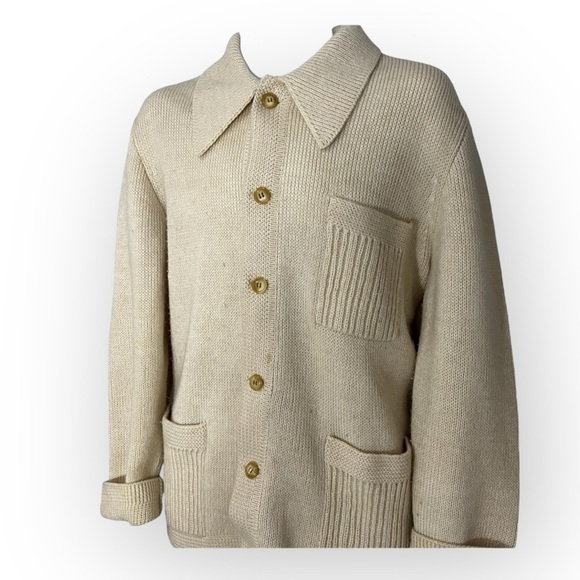 Vintage Lucano Beige Wool Mens Chunky Knit Cardigan Sweater XL Old Money Neutral - Picture 4 of 17